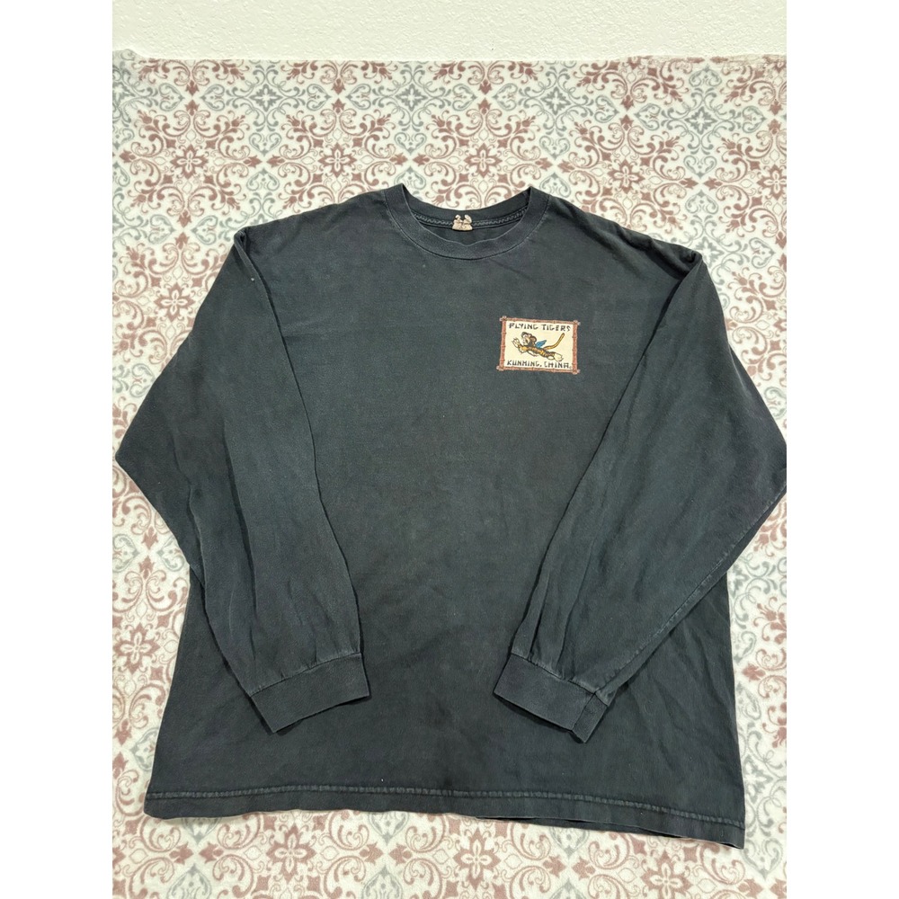 Flying Tigers Kunming China Blood Chit Long Sleeve T-Shirt Faded Black Mens XL